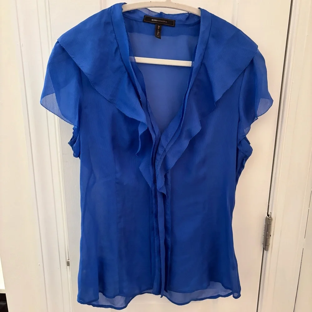 BCBGMaxAzria Silk Royal Cobalt Blue Sheer Blouse size M Ruffles - Picture 1 of 9